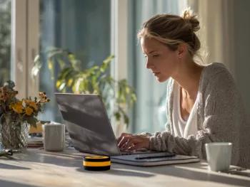 Femme seule consultant ses aides sociales sur un ordinateur portable, illustration de la réforme ASU 2026