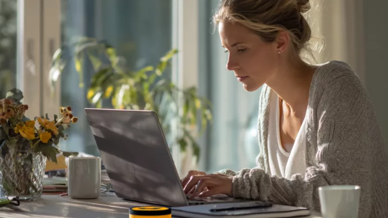 Femme seule consultant ses aides sociales sur un ordinateur portable, illustration de la réforme ASU 2026