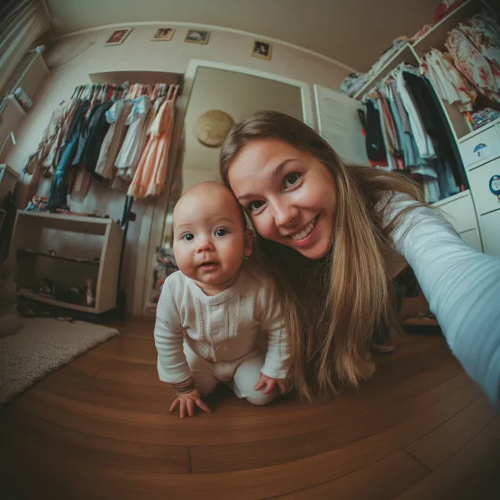 Assistante maternelle souriante prenant un selfie avec un bébé, à son domicile