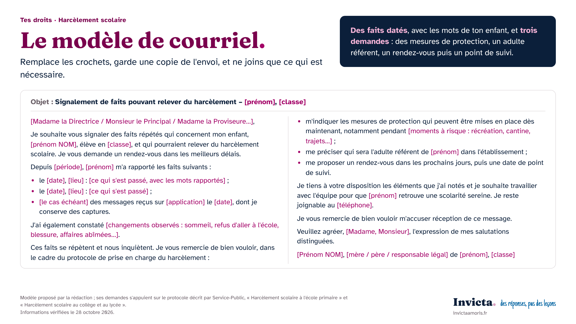 Signaler harcèlement scolaire : le modèle de courriel à envoyer à l’école, avec les faits datés et les trois demandes