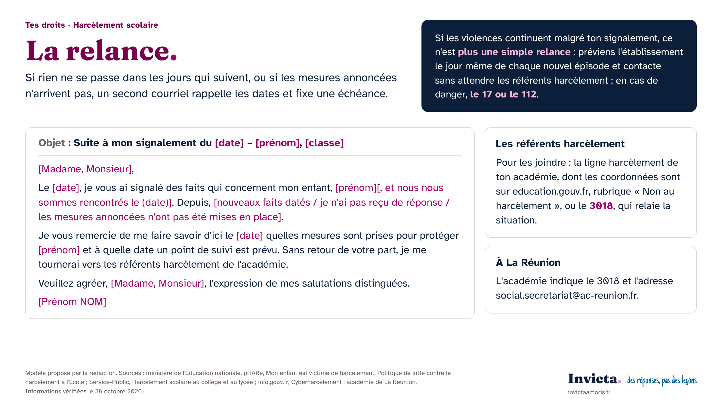 Signaler harcèlement scolaire : le modèle de courriel de relance, avec une date limite, et comment joindre les référents harcèlement